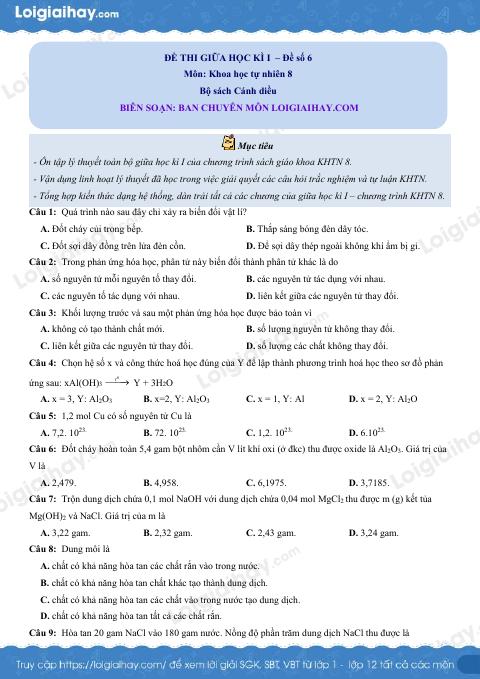 Đề thi giữa kì 1 KHTN 8 Cánh diều - Đề số 6